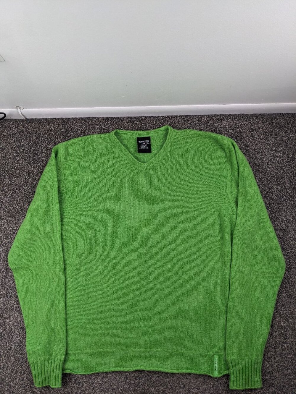 Polo Ralph Lauren Sweater 100% Wool Japan Made V Neck Green Mens 2XL *Flaw